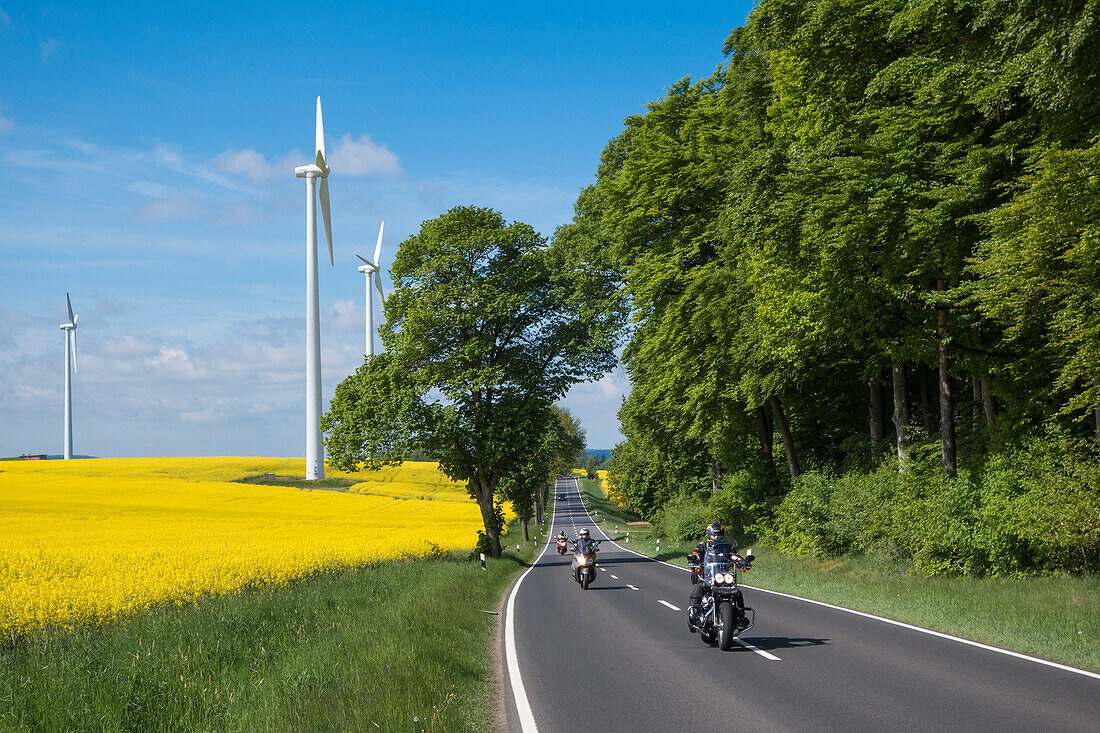 Motorradfahrer auf Bundesstraße B62 und Windräder inmitten von blühenden Rapsfeldern, nahe Alsfeld, Vogelsberg, Hessen, Deutschland, Europa