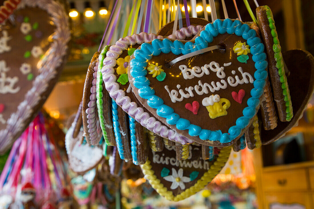 Gingerbread hearts for sale at sweets stall at Erlanger Bergkirchweih beer festival and fair, Erlangen, Franconia, Bavaria, Germany
