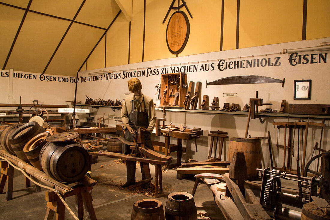 Cooperage display at Maisel's Brauereimuseum Bayreuth brewery museum, Bayreuth, Franconia, Bavaria, Germany