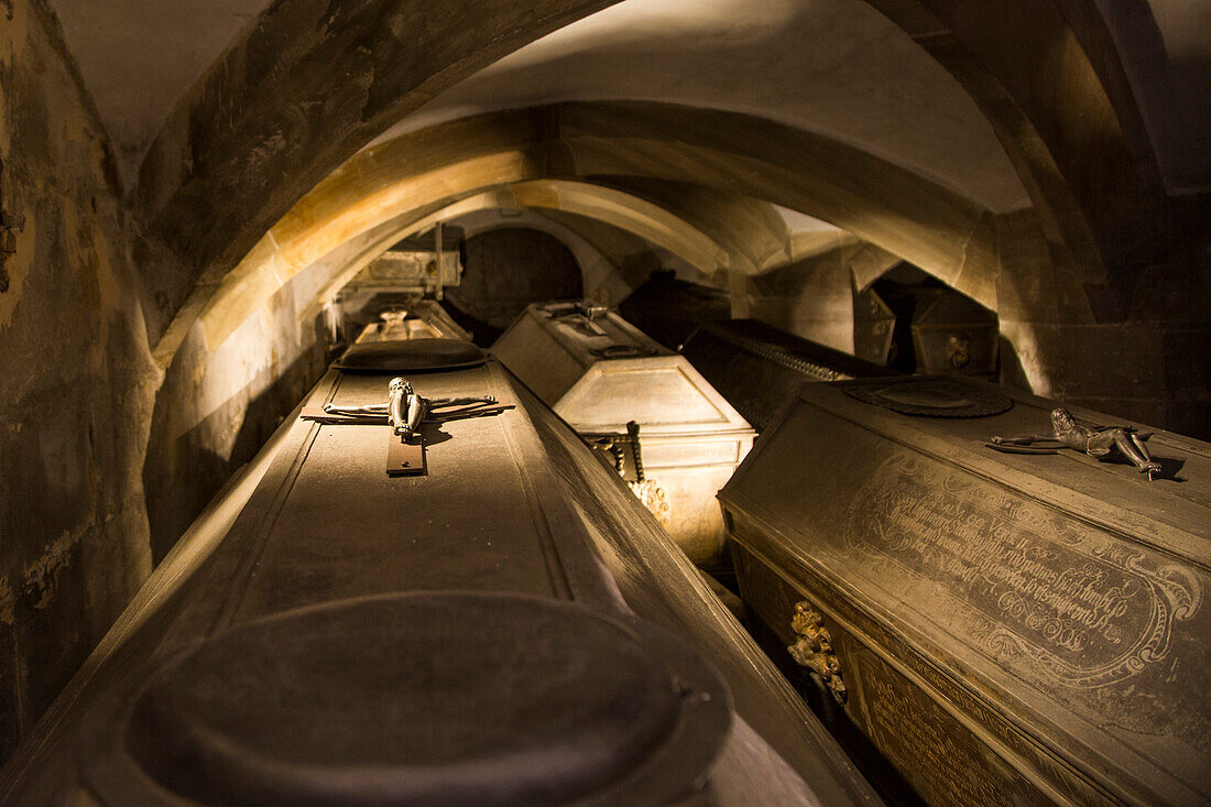 Coffins in crypt of Stadtkirche church, Bayreuth, Franconia, Bavaria, Germany