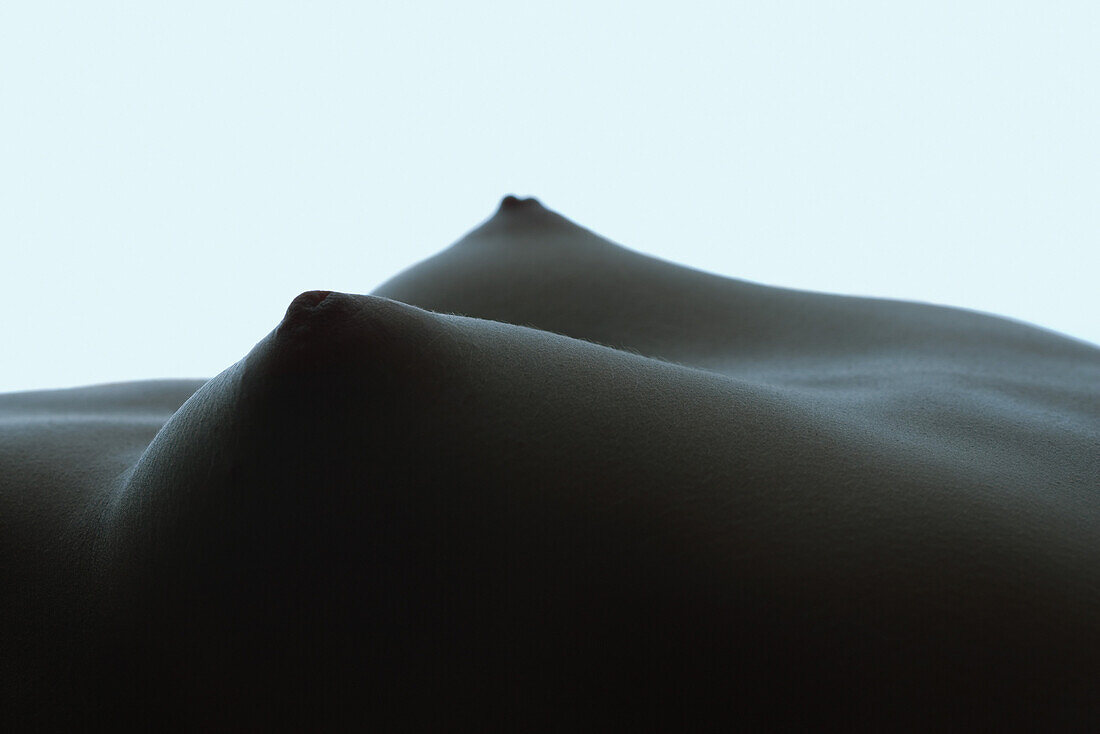 Close Up Of Woman Nude Breast. Side View. Black And Grey