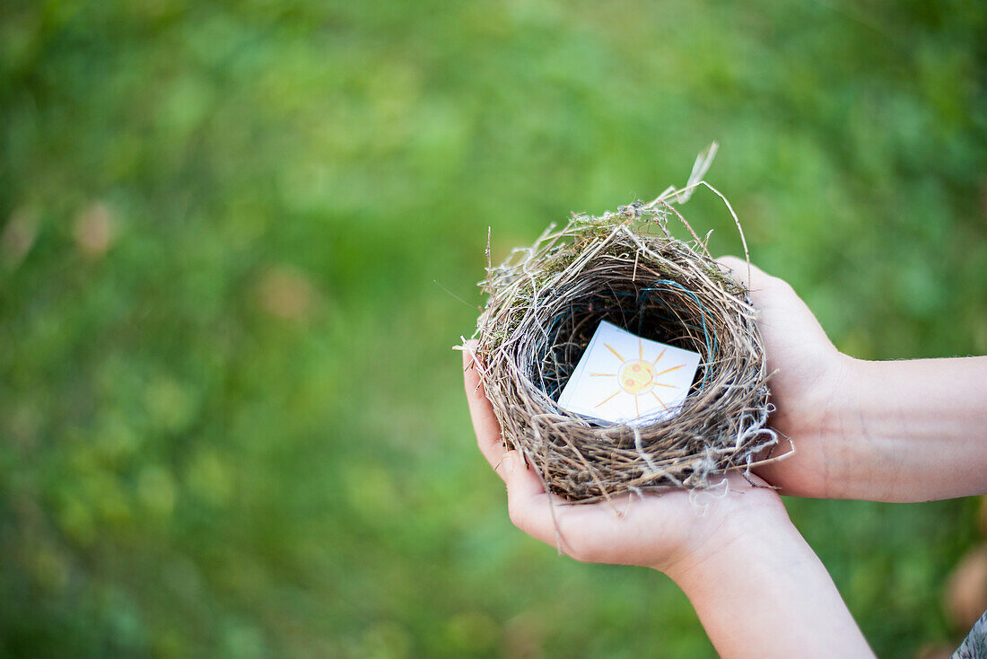 Child's hands holding bird nest containing drawing of sun
