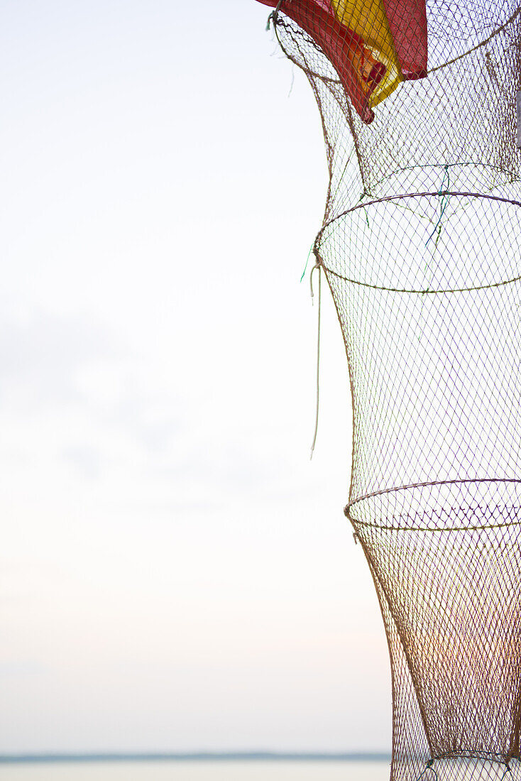 Fish trap in the evening mood in Dierhagener harbour in Western Pomerania Lagoon Area National Park, Dierhagen, Fischland-Darss-Zingst, Mecklenburg-Western Pomerania, Germany