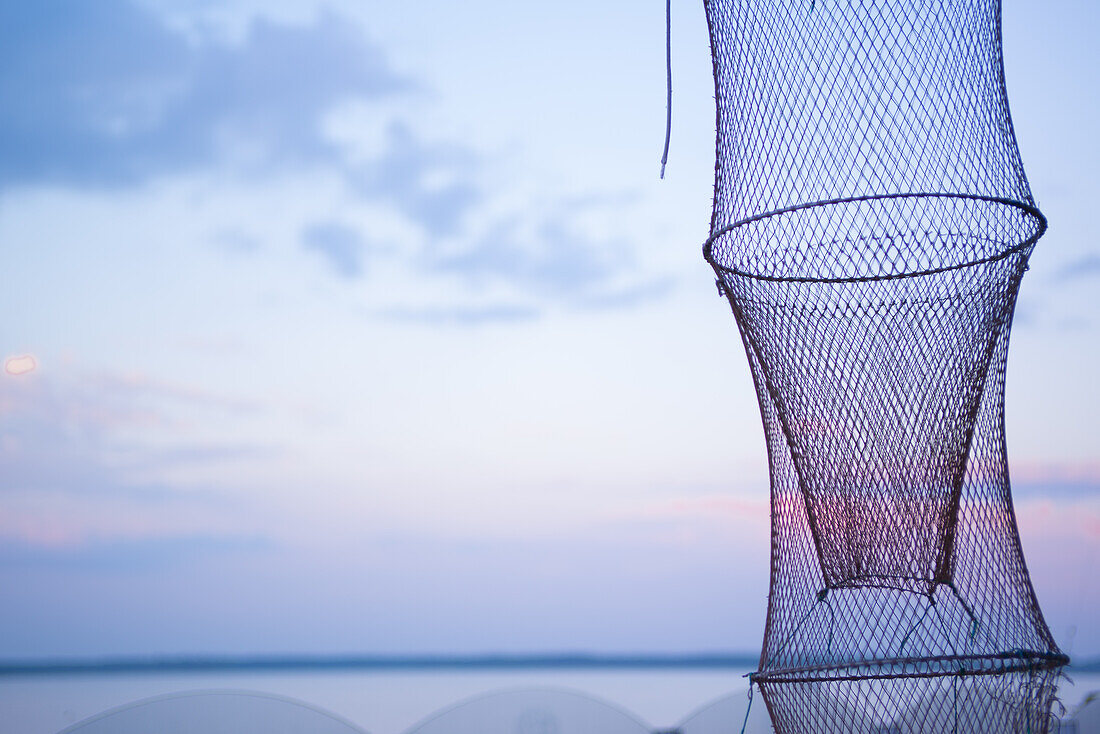 Fischreuse in der Abendstimmung im Dierhagener Hafen im Nationalpark Vorpommersche Boddenlandschaft, Dierhagen, Fischland-Darß-Zingst, Mecklenburg Vorpommern, Deutschland