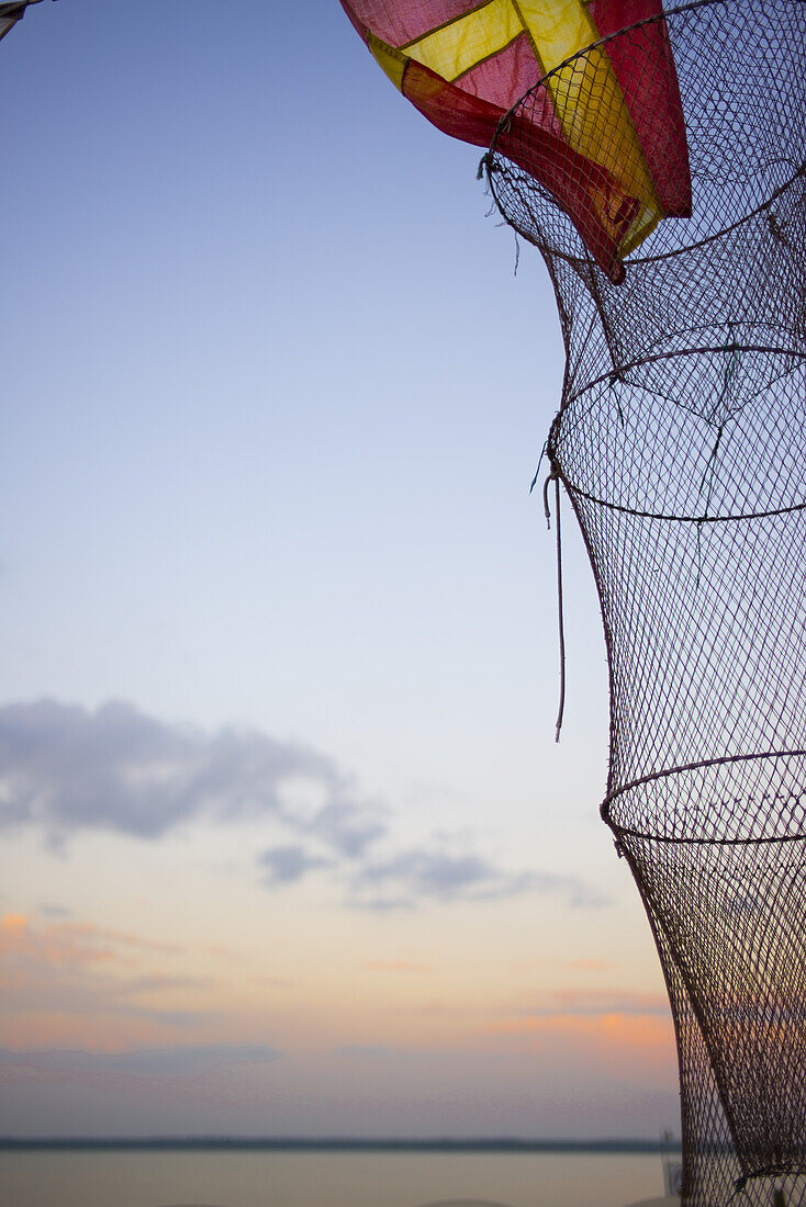 Fish trap in the evening mood in Dierhagener harbor in Western Pomerania Lagoon Area National Park, Dierhagen, Fischland-Darss-Zingst, Mecklenburg-Western Pomerania, Germany