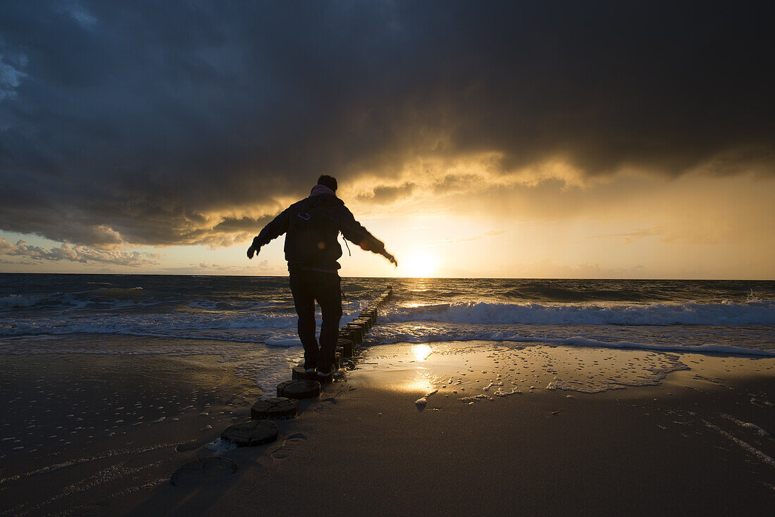 Mann balanciert auf einer Buhne im Sonnenuntergang mit Gewitterwolken an der Ostsee im Nationalpark Vorpommersche Boddenlandschaft, Dierhagen, Fischland-Darß-Zingst, Mecklenburg Vorpommern, Deutschland