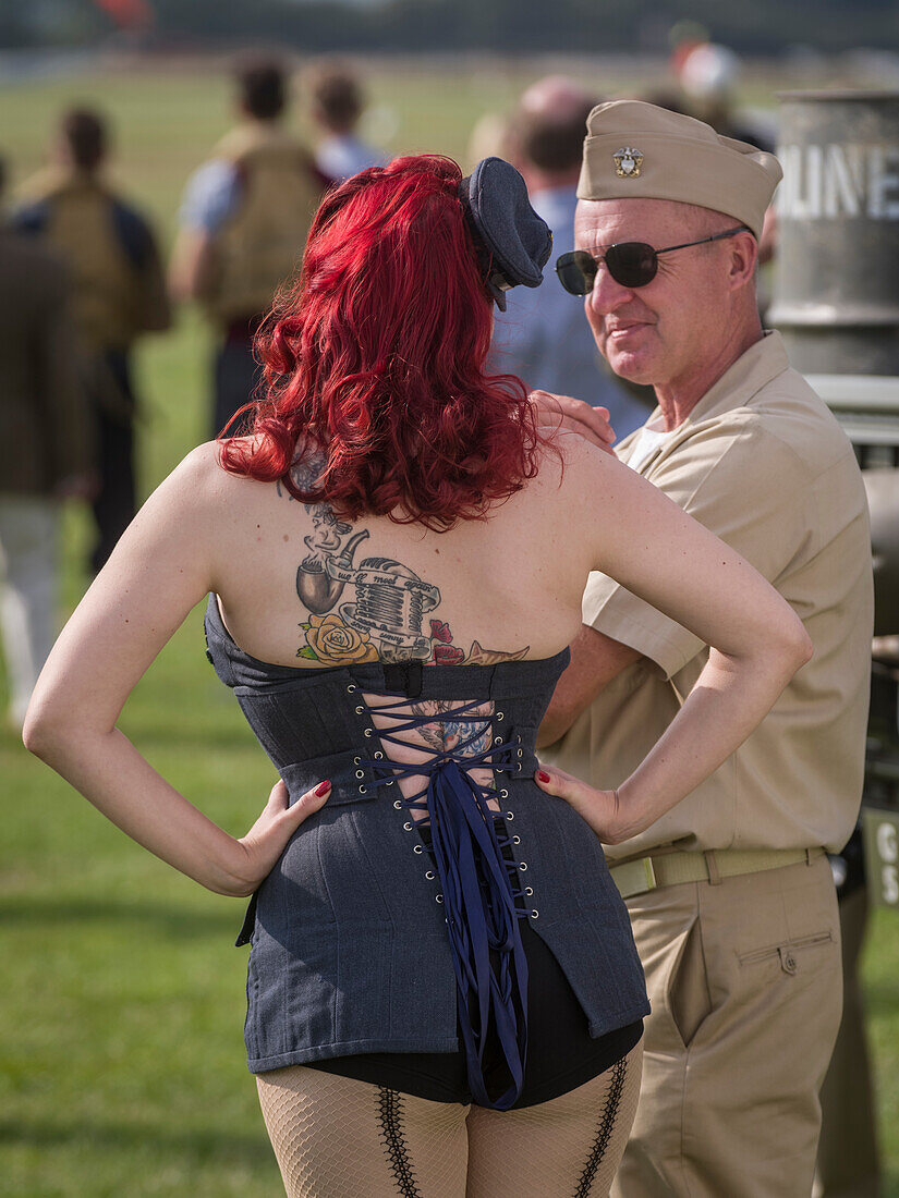 Spectators at the airfield, Goodwood Revival 2014, Racing Sport, Classic Car, Goodwood, Chichester, Sussex, England, Great Britain