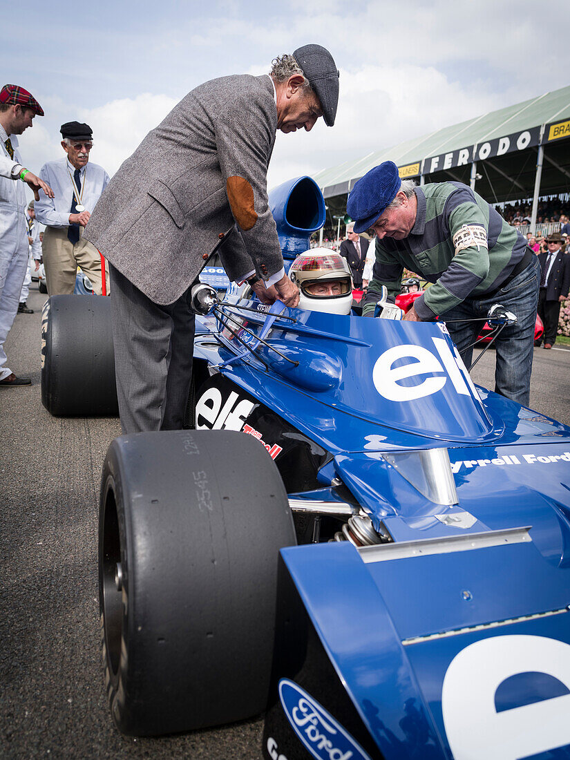 Sir Jackie Stewart, in his Tyrell 006 in which he won the 1973 world championship, Goodwood Revival 2014, Racing Sport, Classic Car, Goodwood, Chichester, Sussex, England, Great Britain