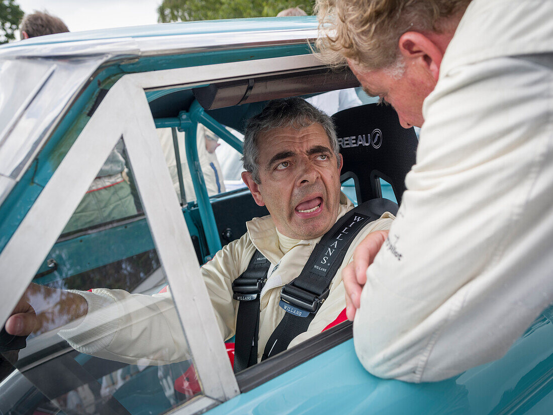 Actor Rowan Atkinson, Mr. Bean, Ford Falcon Sprint, Shelby Cup, Goodwood Revival 2014, Racing Sport, Classic Car, Goodwood, Chichester, Sussex, England, Great Britain