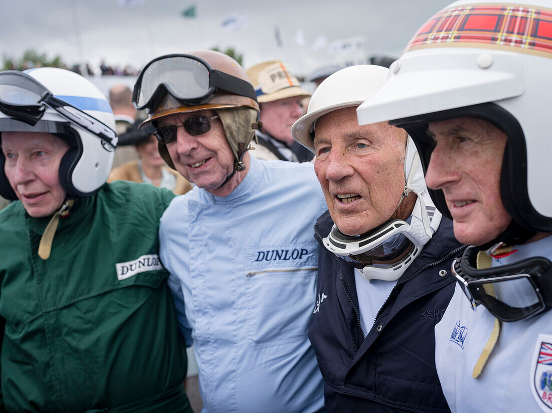John Surtees (L), Tony Brooks (2 L), Sir Stirling Moss (2 R), Sir Jackie Stewart, Jim Clark Parade, Goodwood Revival, racing, car racing, classic car, Chichester, Sussex, United Kingdom, Great Britain