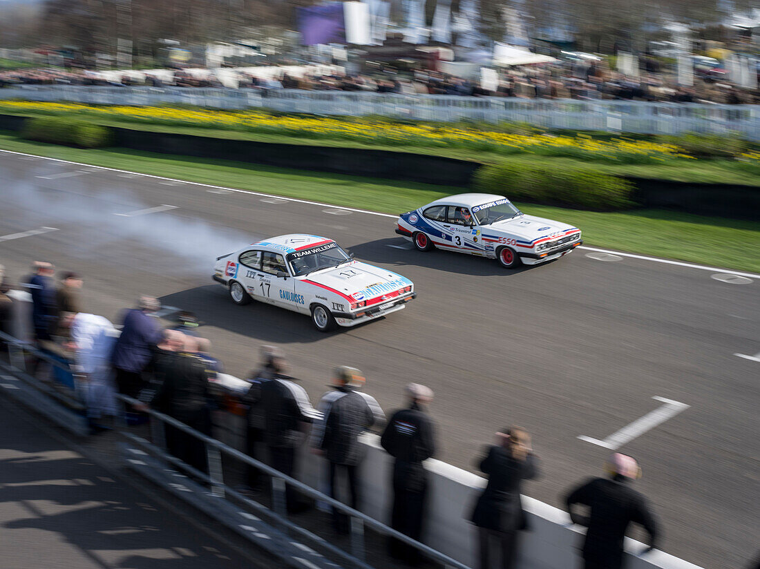 Two Ford Capri III, finishing straight, 72nd Members Meeting, racing, car racing, classic car, Chichester, Sussex, United Kingdom, Great Britain