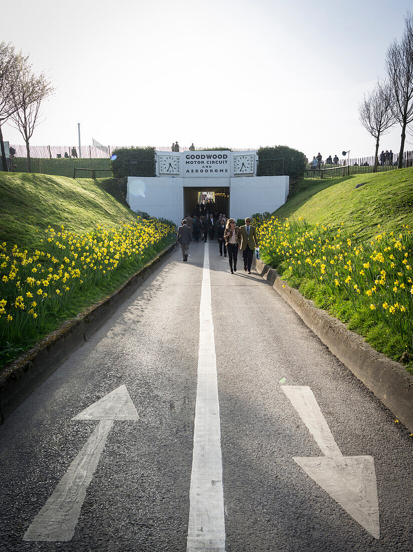 Vehicle and pedestrians' tunnel under the finishing straight, 72nd Members Meeting, racing, car racing, classic car, Chichester, Sussex, United Kingdom, Great Britain