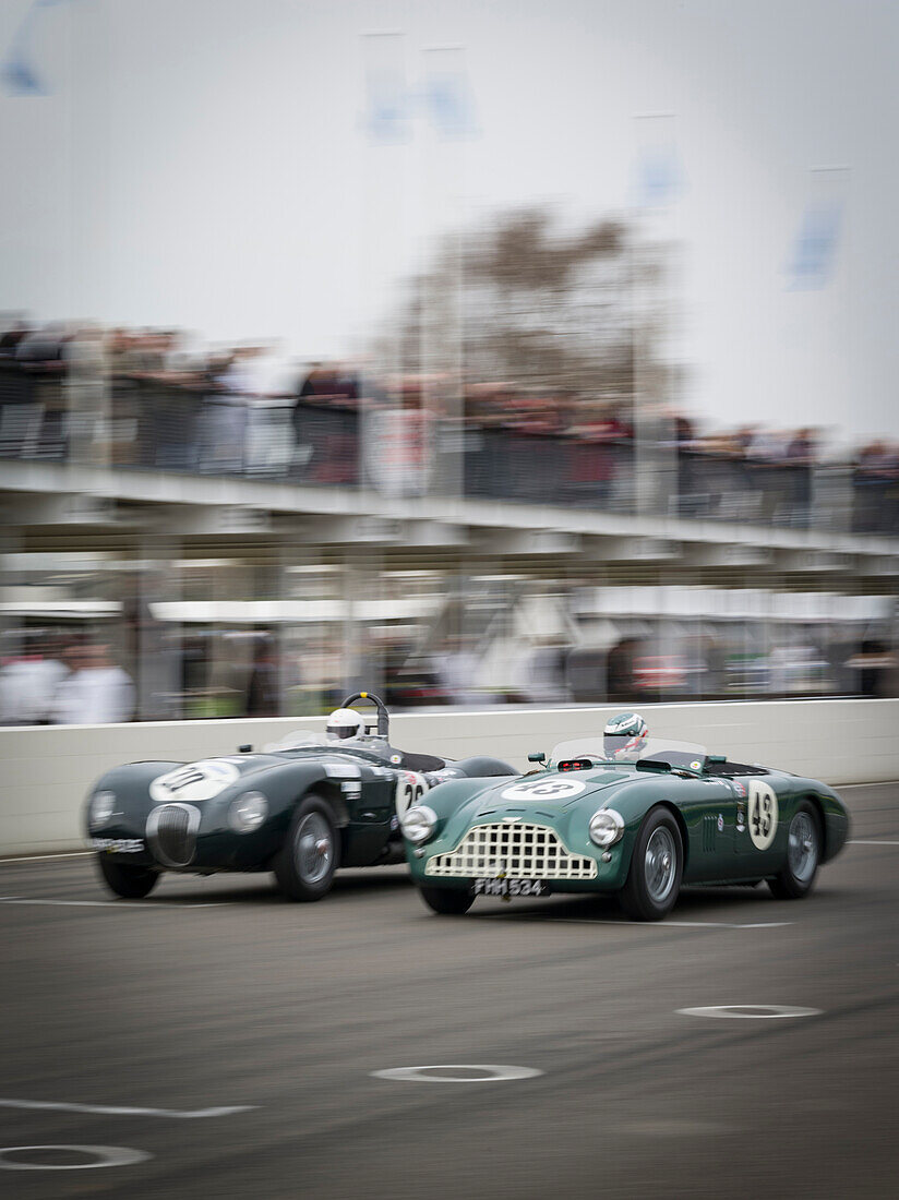 Jaguar C-Type (L) and Aston Martin DB3, Peter Collins Trophy, 72nd Members Meeting, racing, car racing, classic car, Chichester, Sussex, United Kingdom, Great Britain