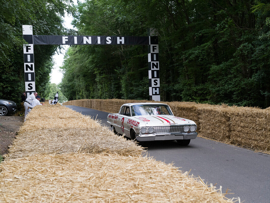 1963 Chefrolet Impala at the finishing line, Goodwood Festival of Speed 2014, racing, car racing, classic car, Chichester, Sussex, United Kingdom, Great Britain
