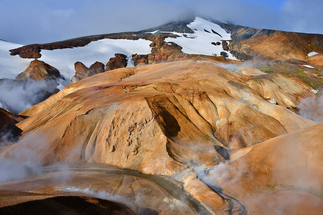 Geothermal area Hveradalir, steam is rising out of colorful rhyolith mountains, volcanoe mountains Kerlingarfjoll, Highlands, South Iceland, Iceland, Europe