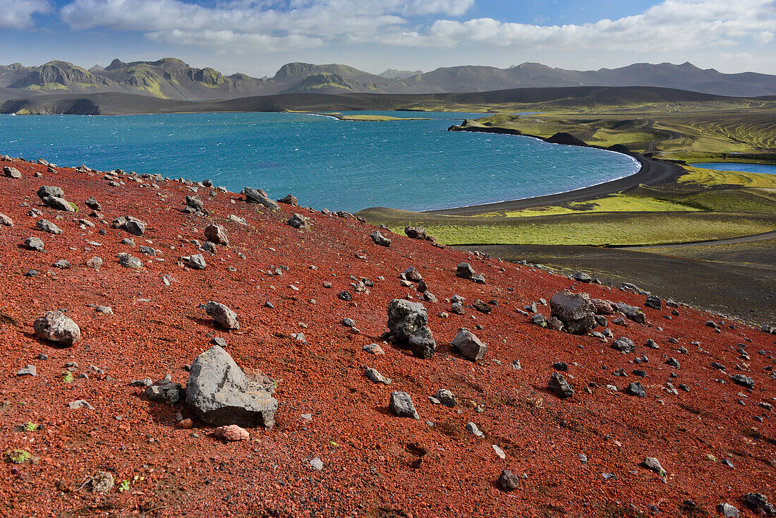 Red soil at crater Lake Litlisjor, Veidivötn, Highlands, Southern Island, Iceland, Europe