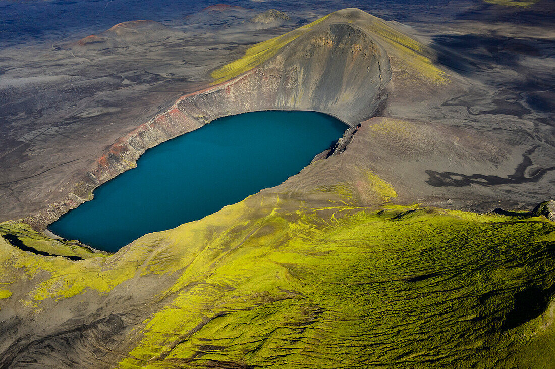 Aerial view, Hnausapollur crater lake or volcano caldera, also known as Bláhylur or Litlavíti, Landmannalaugar, Fjallabak Nature Reserve, Highlands, South Iceland, Iceland, Europe