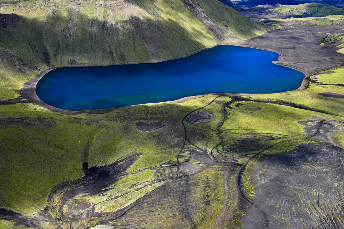 aerial view of crater lake Herbjarnarfellsvatn near Landmannahellir, Fjallabak, Highlands, Southern Iceland, Iceland, Europe