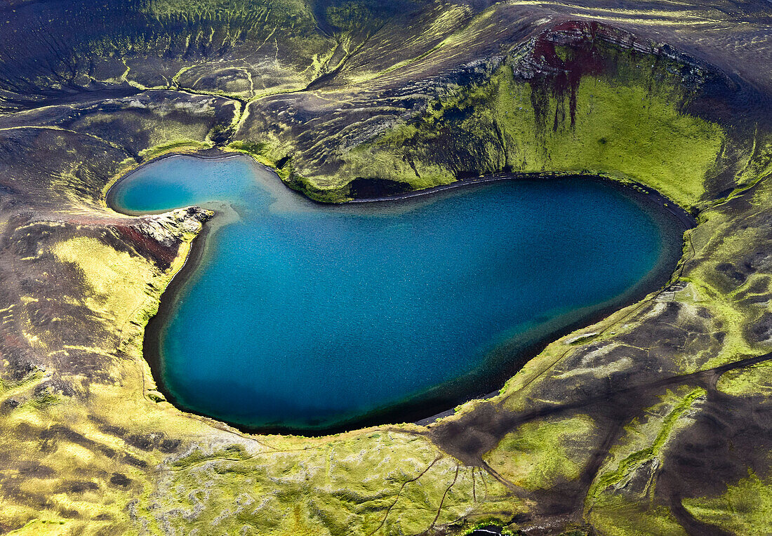 Aerial view of crater lake Litla Skálavatn, Veidivotn, Highlands, South Iceland, Iceland, Europe
