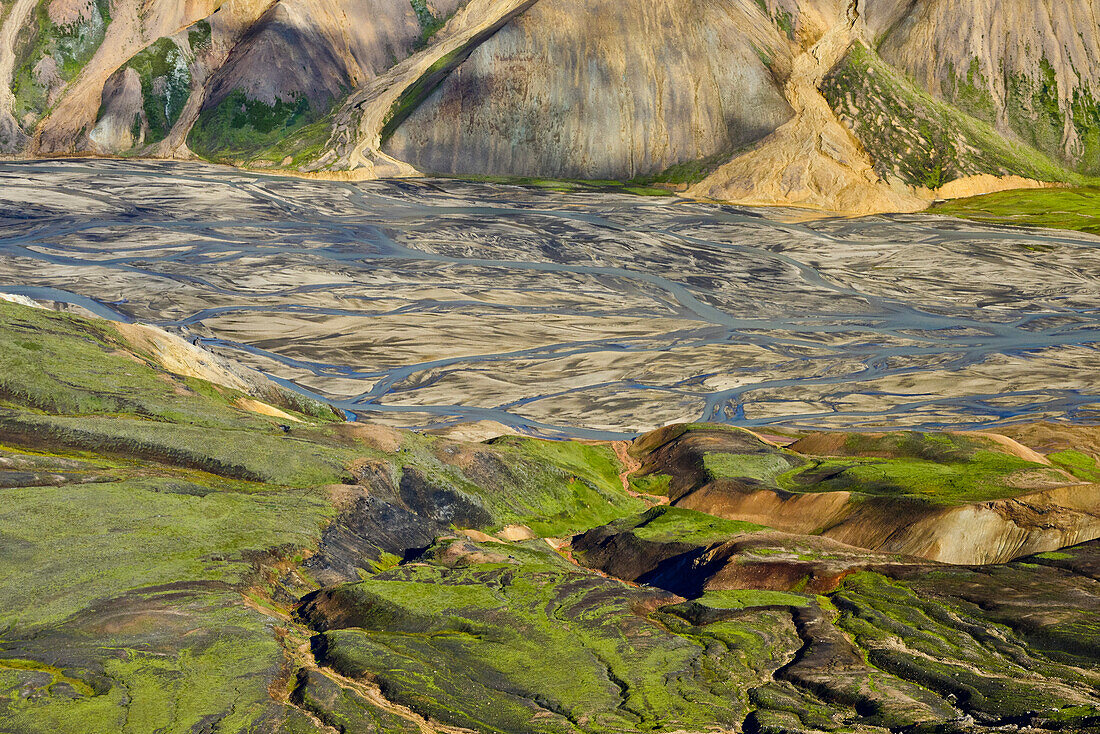 Aerial view of a river valley with meanders of  glacial river Tungnaa and colorful rhyolith mountains, Landmannalaugar, Highlands, South Iceland, Iceland, Europe