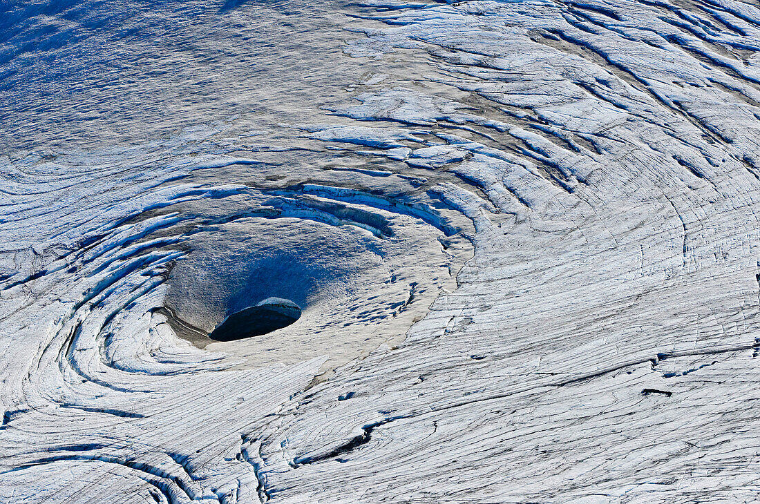 Aerial view of ice structures and glaciated crater of volcano Katla, Myrdalsjokull, Highlands, South Iceland, Iceland, Europe