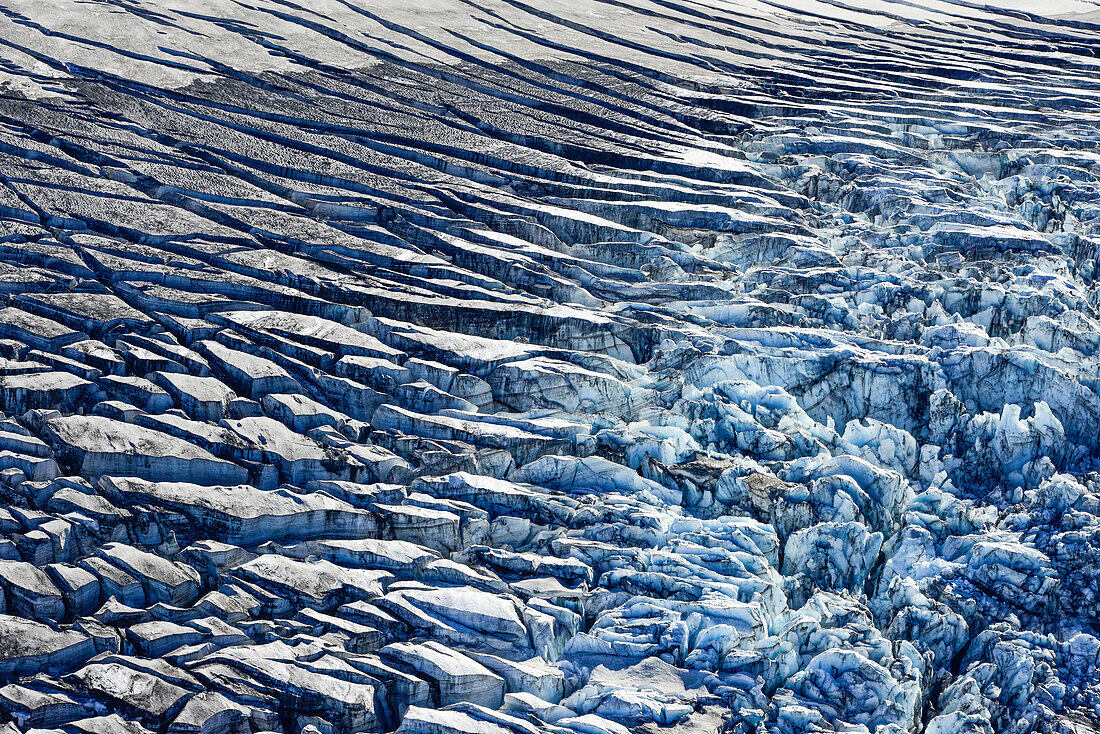 Aerial view of icebergs  and crevasses at glaciated volcano Katla, glacier Myrdalsjokull, Highlands, South Iceland, Iceland, Europe