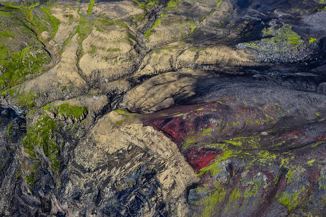 Aerial view of colorful volcanic rocks near Markarfljotsglufur, Highlands, South Iceland, Iceland, Europe