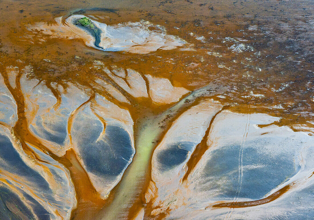 Aerial view of a branched river delta, South Iceland, Iceland, Europe