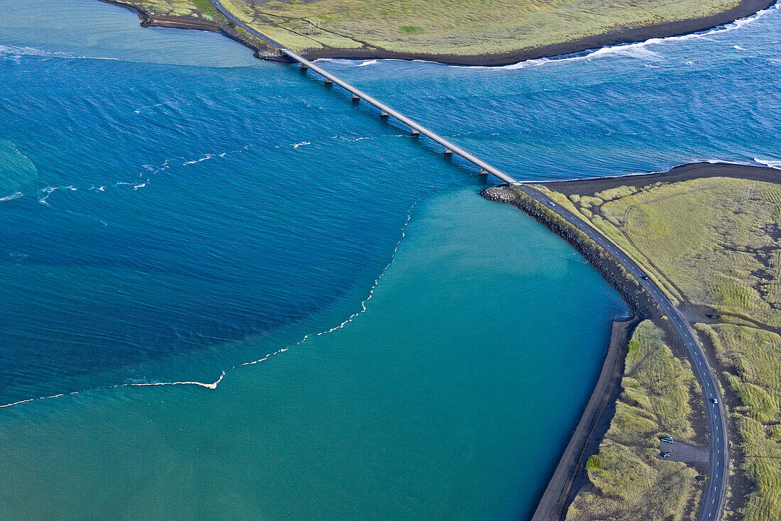 aerial view of bridge Óseyrarbrú over river Olfussa, which is flowing into Atlantic Ocean, near Eyrarbakki, South Iceland, Iceland, Europe