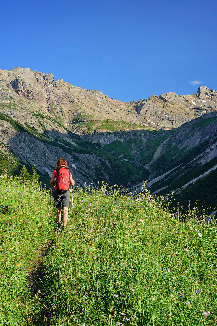 Woman hiking through meadow towards Lechtal Alps, valley Fundaistal, Lechtal Alps, Tyrol, Austria