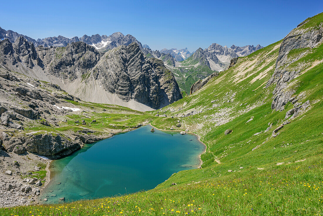 Lake with Lechtal Alps with Vorderer Gufelkofel in background, lake Gufelsee, Lechtal Alps, Tyrol, Austria