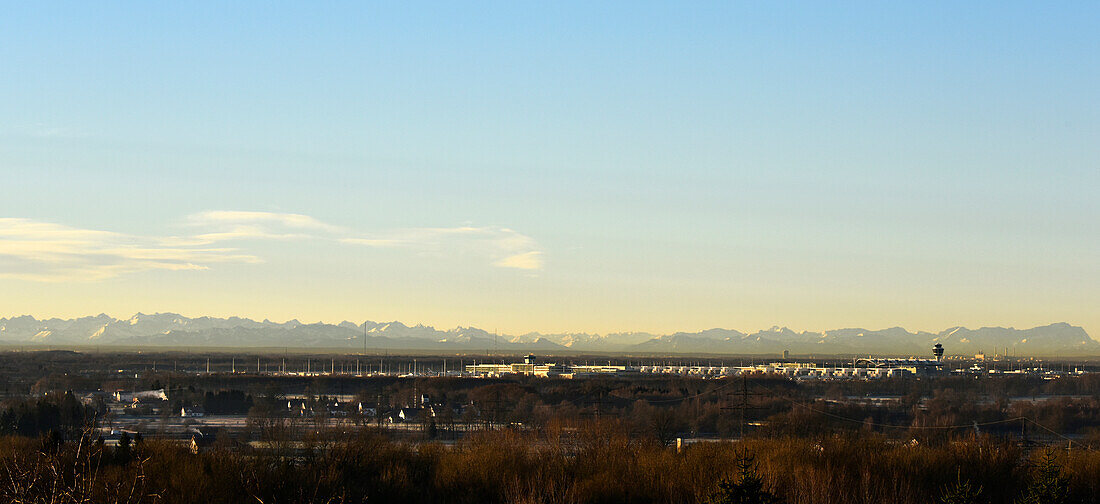 View of Munich airport, Franz Josef Strauß, MUC, Munich Airport Center, MAC, Terminal 2, Satellit, Tower, Alpen, Freising, Erding, Munich, Bavaria, Germany