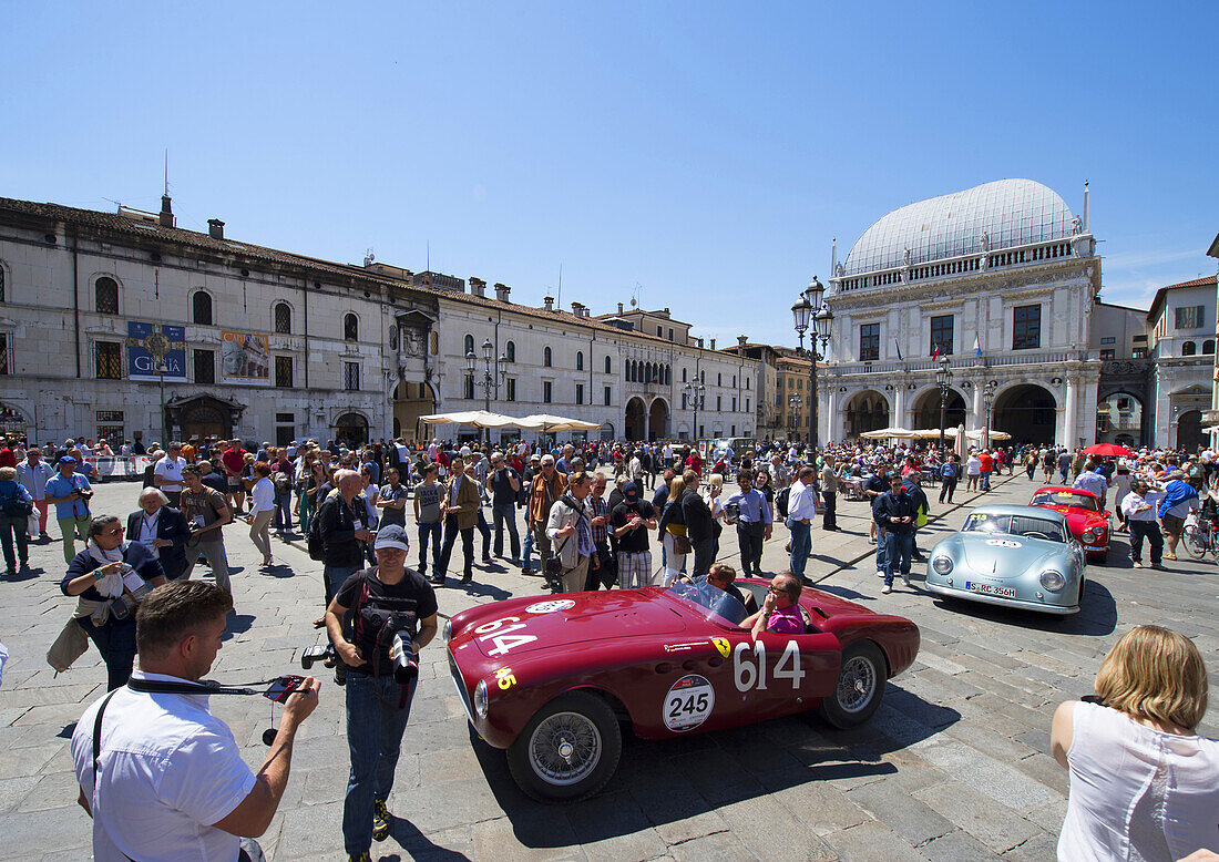 Ferrari, 340 America spider Vignale, View of the starting grid, Mille Miglia 2014, 1000 Miglia, Oldtimer, motor race, rallye, Piazza della Vittoria, Brescia, Lombardy, Italy