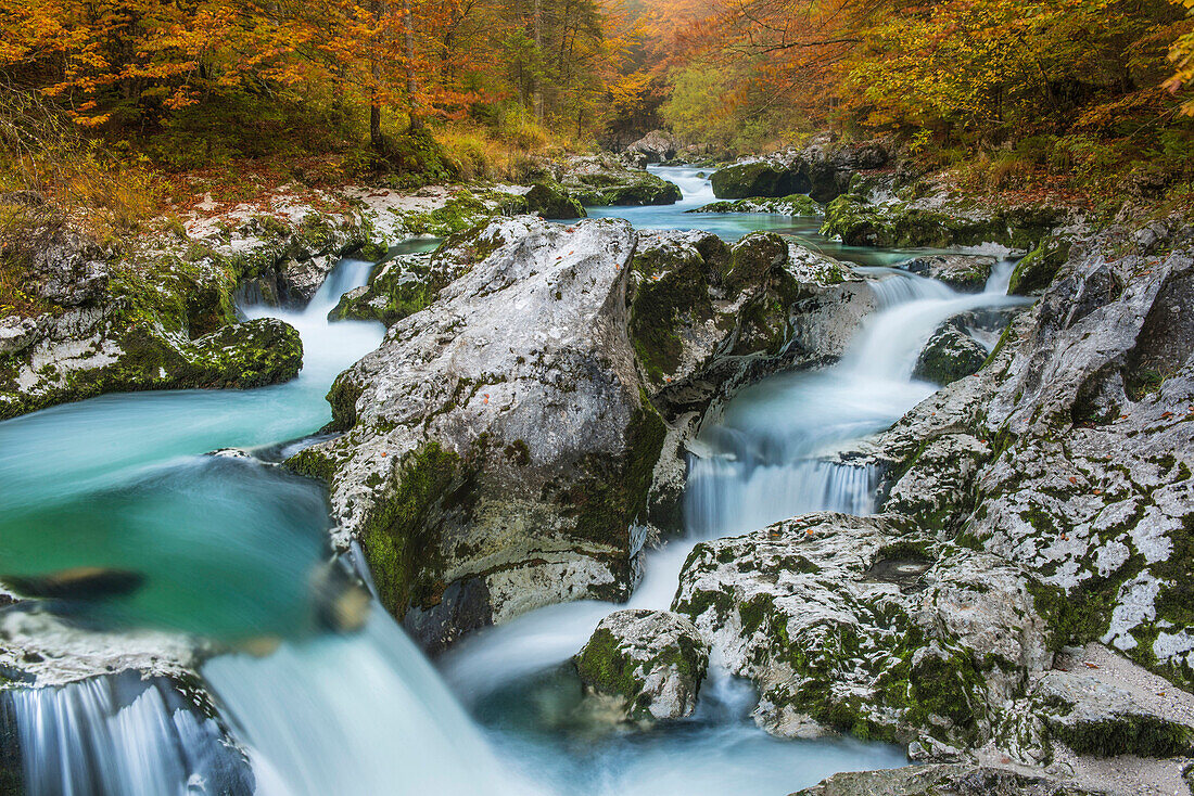 Long exposure of waterfall among rocks, Bohinj, Gorenjska, Slovenia, Bohinj, Gorenjska, Slovenia