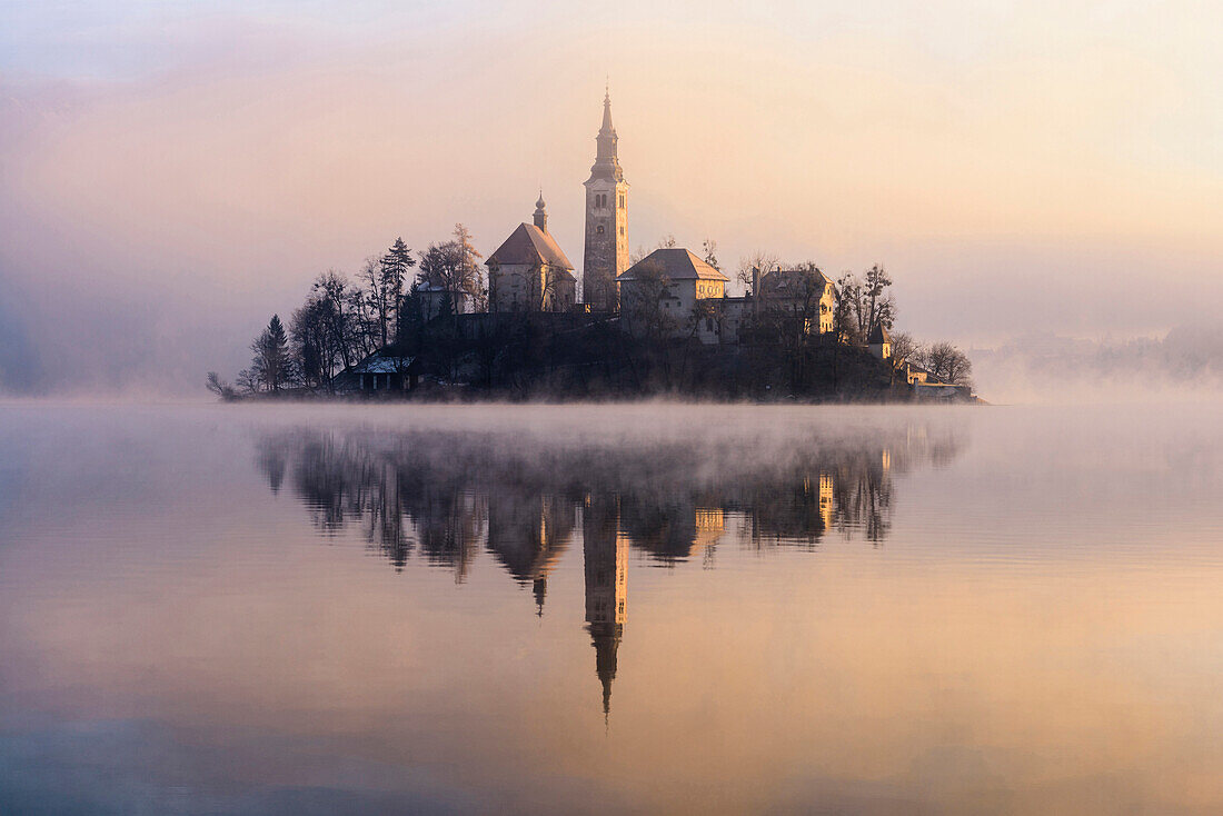 Mist shrouding island on Lake Bled at sunrise, Bled, Gorenjska, Slovenia, Bled, Gorenjska, Slovenia