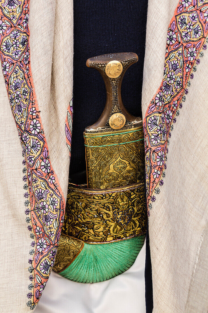Ornate Yemeni jimbiya dagger with decorative cloth, Sanaa, Sanaa, Yemen