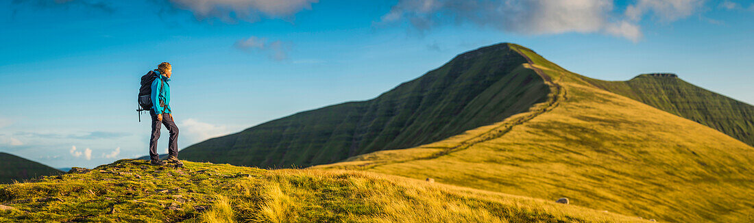 Panoramic view of hiker walking up grassy hill, Rural, None, UK