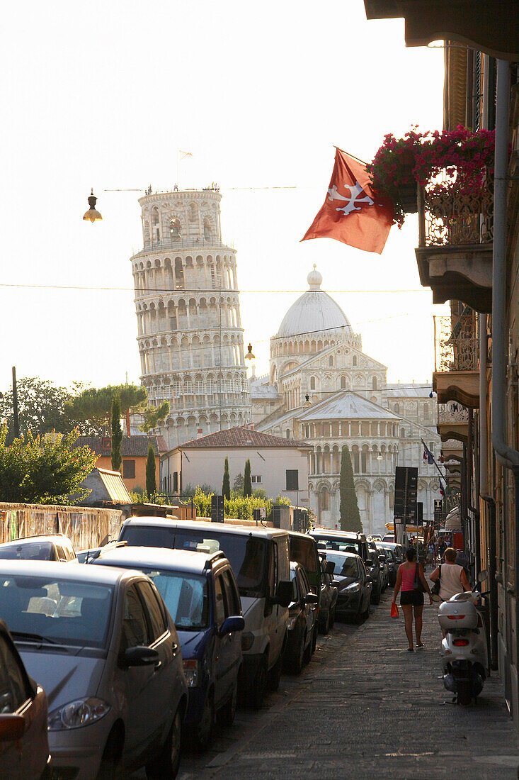 View of the Leaning Tower of Pisa from city street, Pisa, Toscano, Italy, Pisa, Toscano, Italy