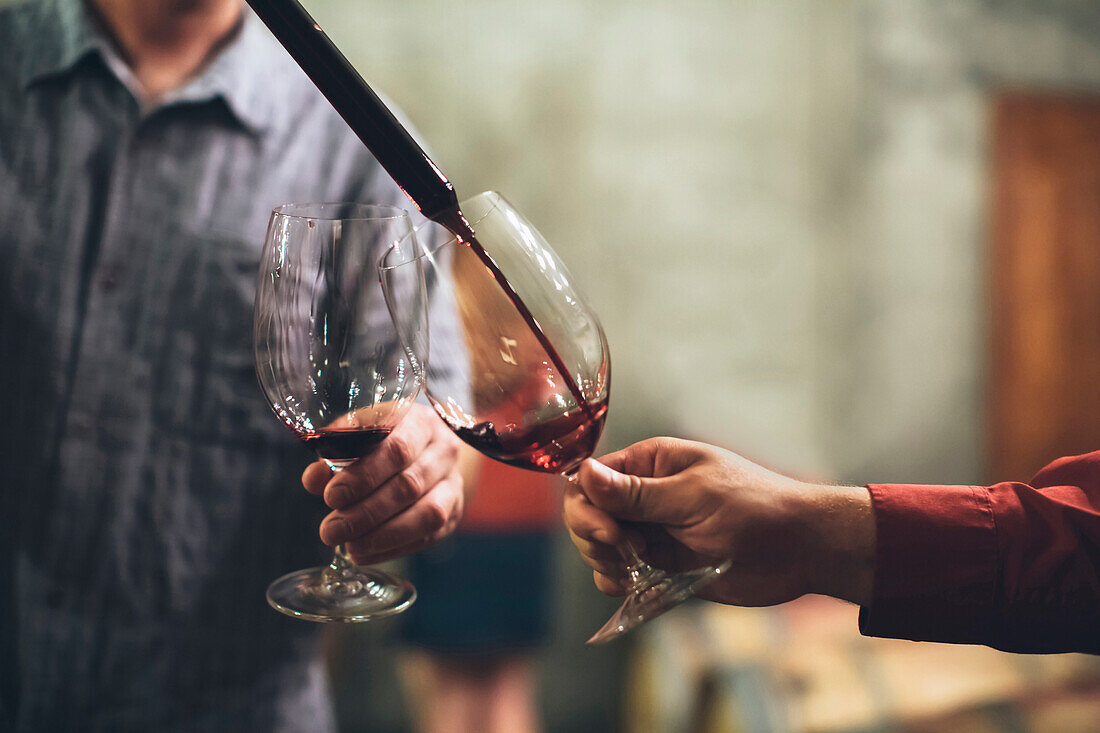 Caucasian men tasting wine in cellar, Walla Walla, WA, USA