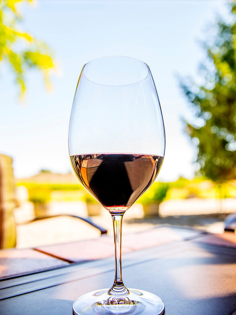 Close up of glass of wine on table, Walla Walla, WA, USA