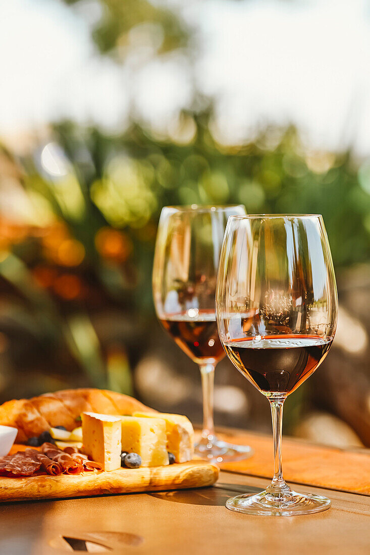 Glasses of wine with cheese and meat board, Walla Walla, WA, USA