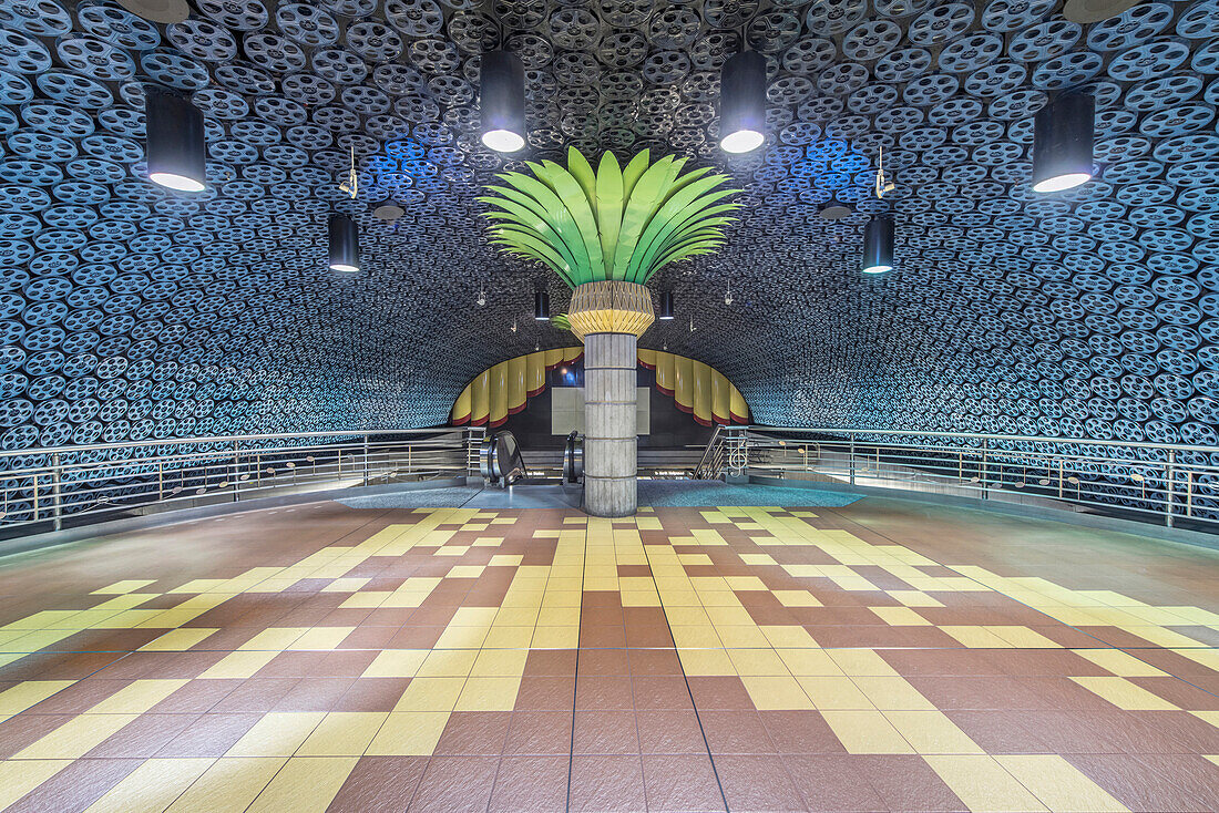 Ornate pillar and movie reels on ceiling in subway station, Los Angeles, California, United States, Los Angeles, California, USA