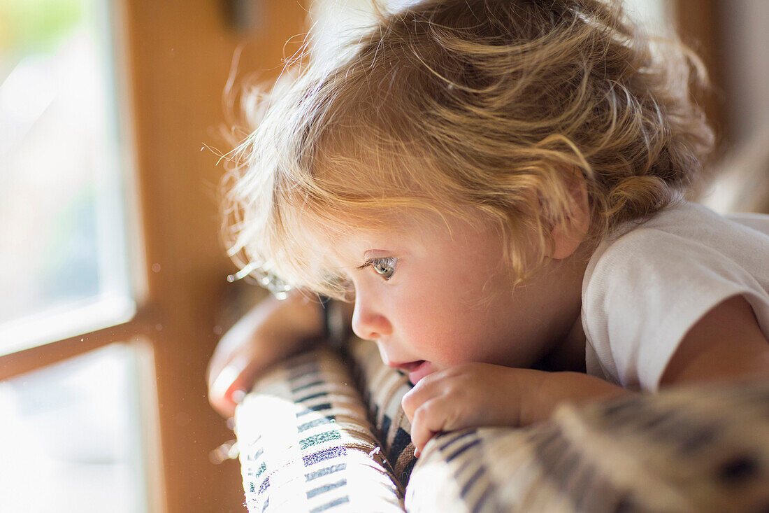 Caucasian baby boy peering over back of sofa in living room, Santa Fe, New Mexico, USA