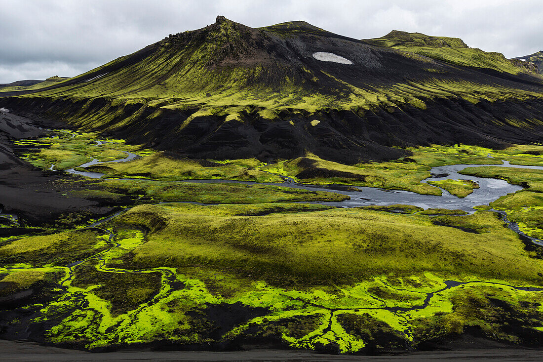 Mountain, rock formations and river in remote landscape, Southern Highlands, Iceland, Iceland