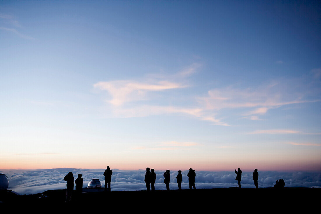 Silhouette of tourists admiring view from mountaintop, Kilauea, Hawaii, United States, Kilauea, Hawaii, USA
