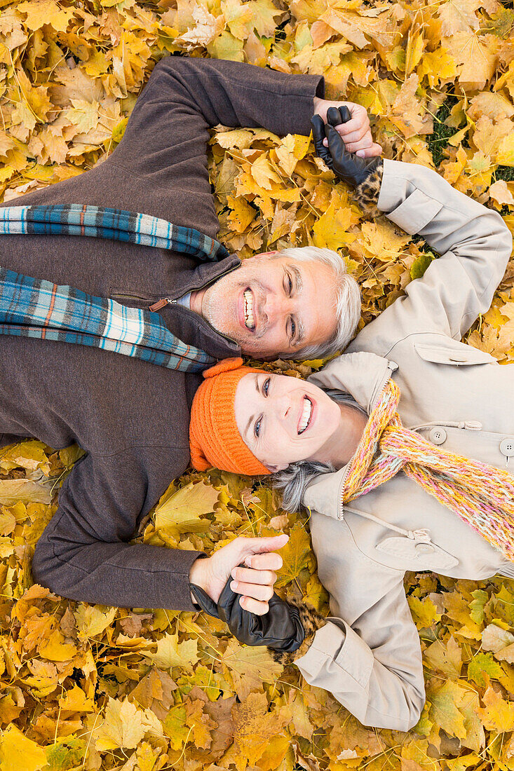 Older Caucasian couple smiling in autumn leaves, Provo, Utah, USA