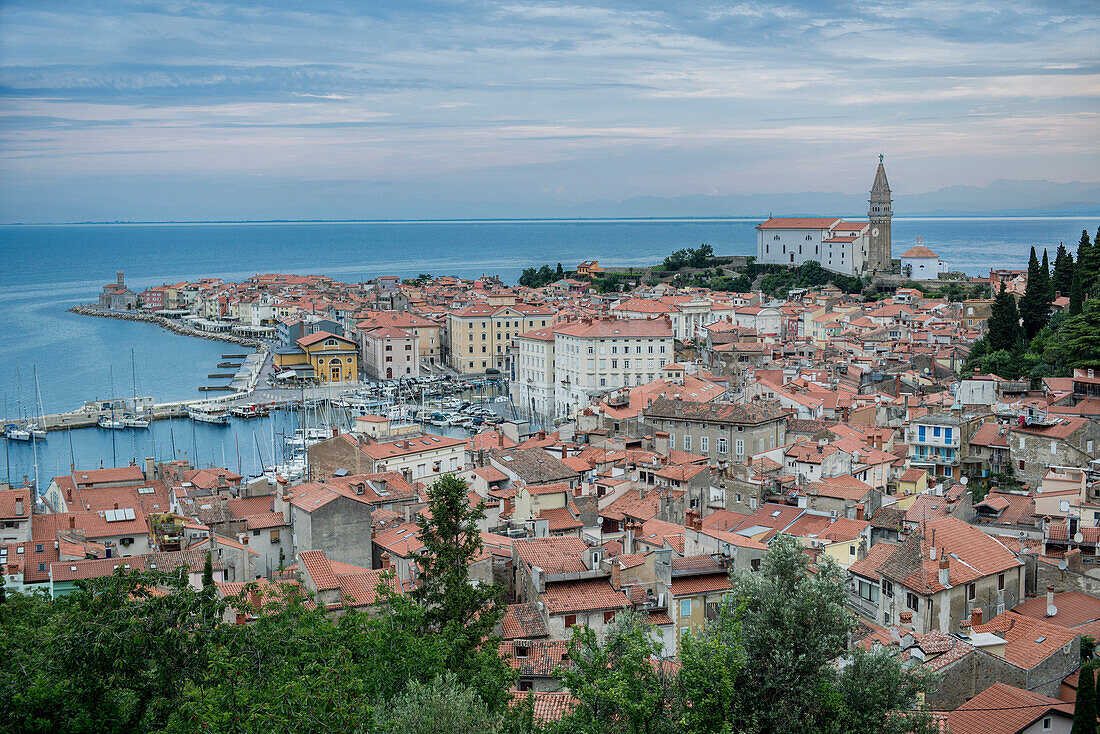 Aerial view of buildings in cityscape, Piran, Coastal-Karst, Slovenia, Piran, Coastal-Karst, Slovenia