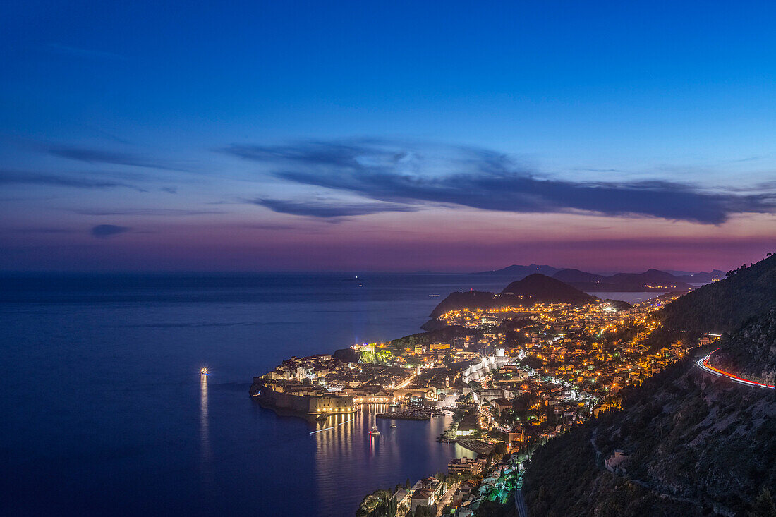 Aerial view of coastal city illuminated at night, Dubrovnik, Dubrovnik-Neretva, Croatia, Dubrovnik, Dubrovnik-Neretva, Croatia