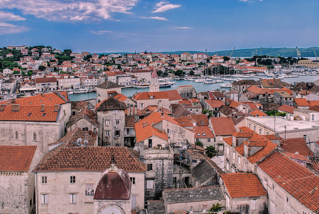 Aerial view of city rooftops and river, Trogir, Split, Croatia, Trogir, Split, Croatia