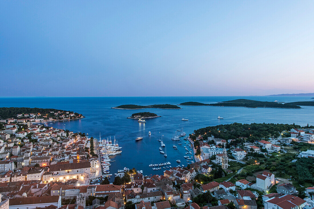 Aerial view of coastal town on hillside, Hvar, Split, Croatia, Hvar, Split, Croatia